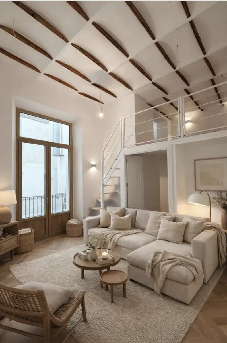 Bright, modern living room with white walls, wood floors, and a large beige sectional sofa. A unique ceiling design features exposed wooden beams.