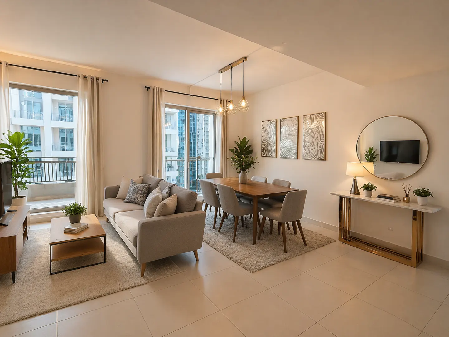 A bright, modern apartment living and dining area with a gray sofa, wood table, and city views.