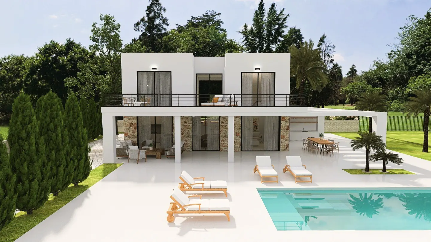 Modern two-story white house with a pool and lounge chairs. Lush green trees surround the property.