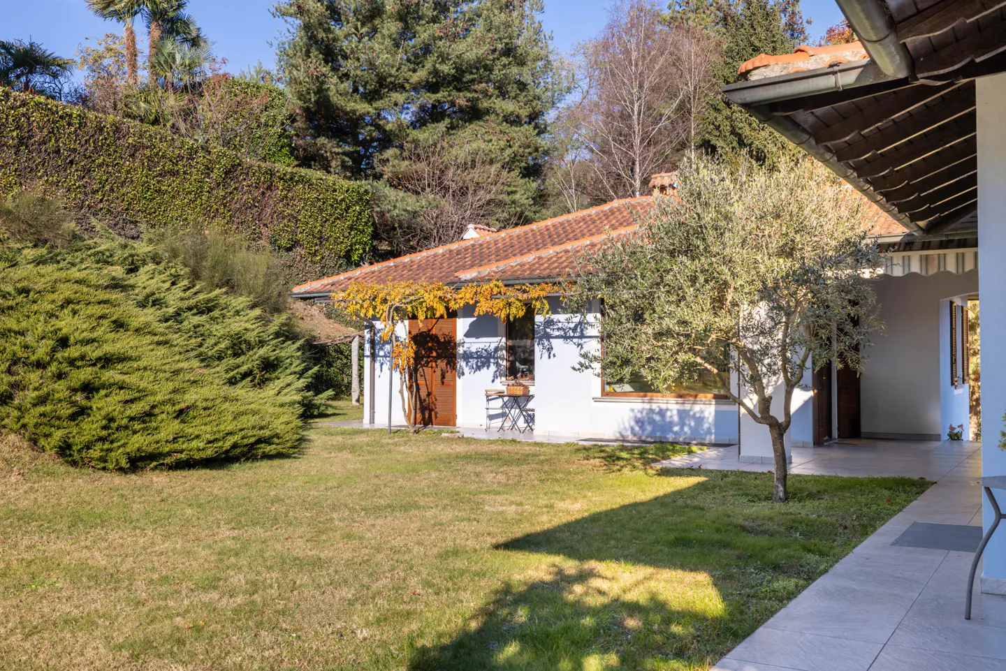 Exterior view of a white house with a red tile roof, green lawn, and trees under a blue sky.