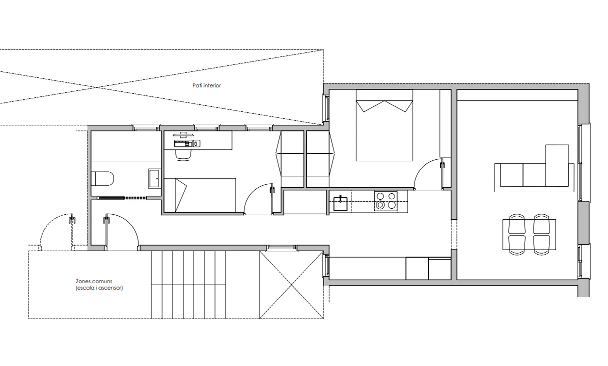 Black and white architectural floor plan showing a bedroom, kitchen, living room, and bathroom.