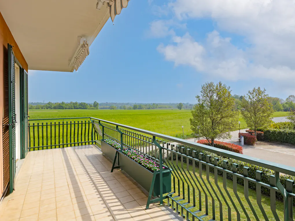 Balcony view with green railings overlooking a green field under a blue sky. Flower boxes add color to the outdoor space.