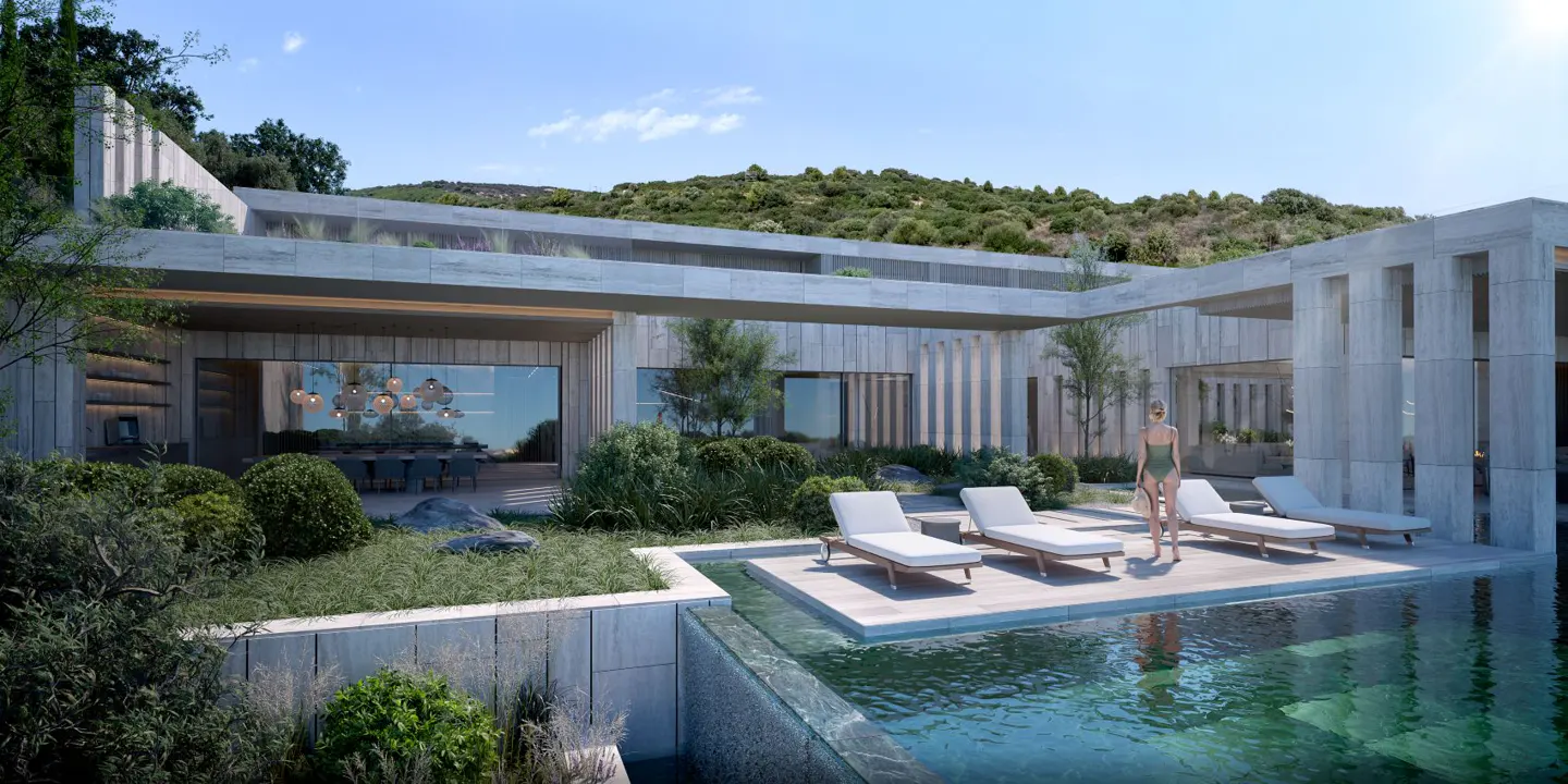 Modern home exterior with a pool, lounge chairs, and a woman in a green swimsuit. The house is made of concrete and has a flat roof.