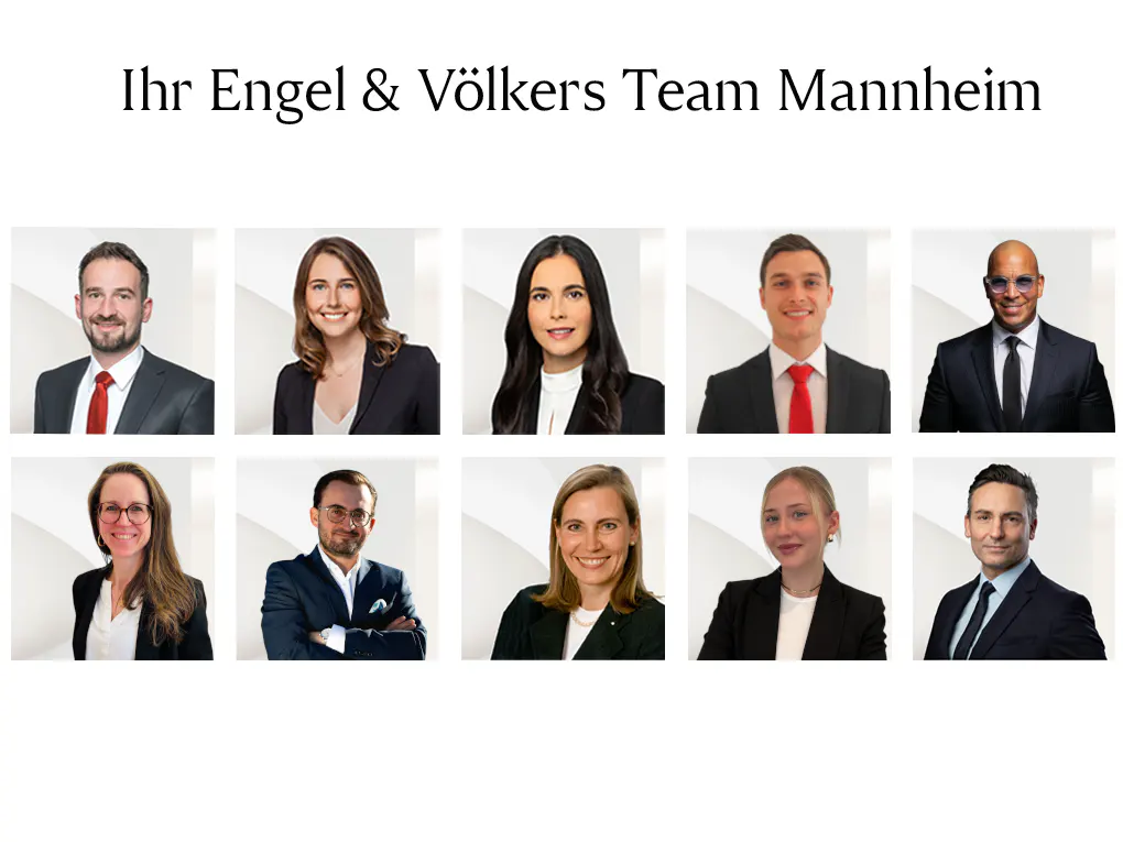 Engel & Völkers Team Mannheim headshots. Ten diverse professionals in business attire smile against a bright, modern background.