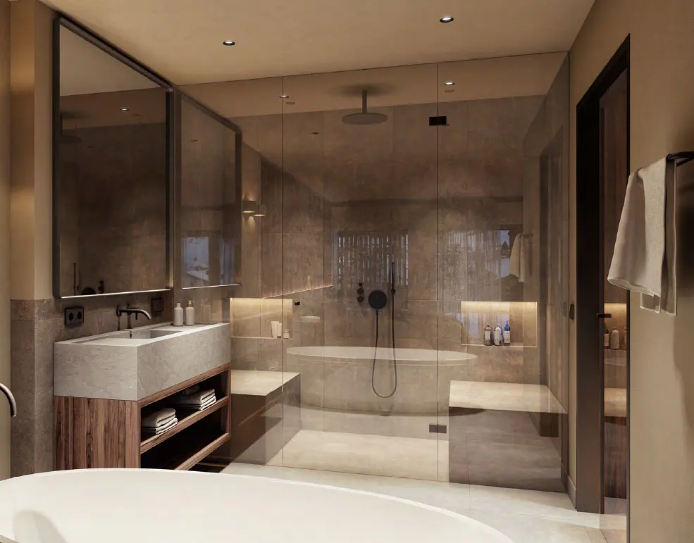 Modern bathroom with a glass shower, stone sink, wood cabinets, and neutral color scheme.