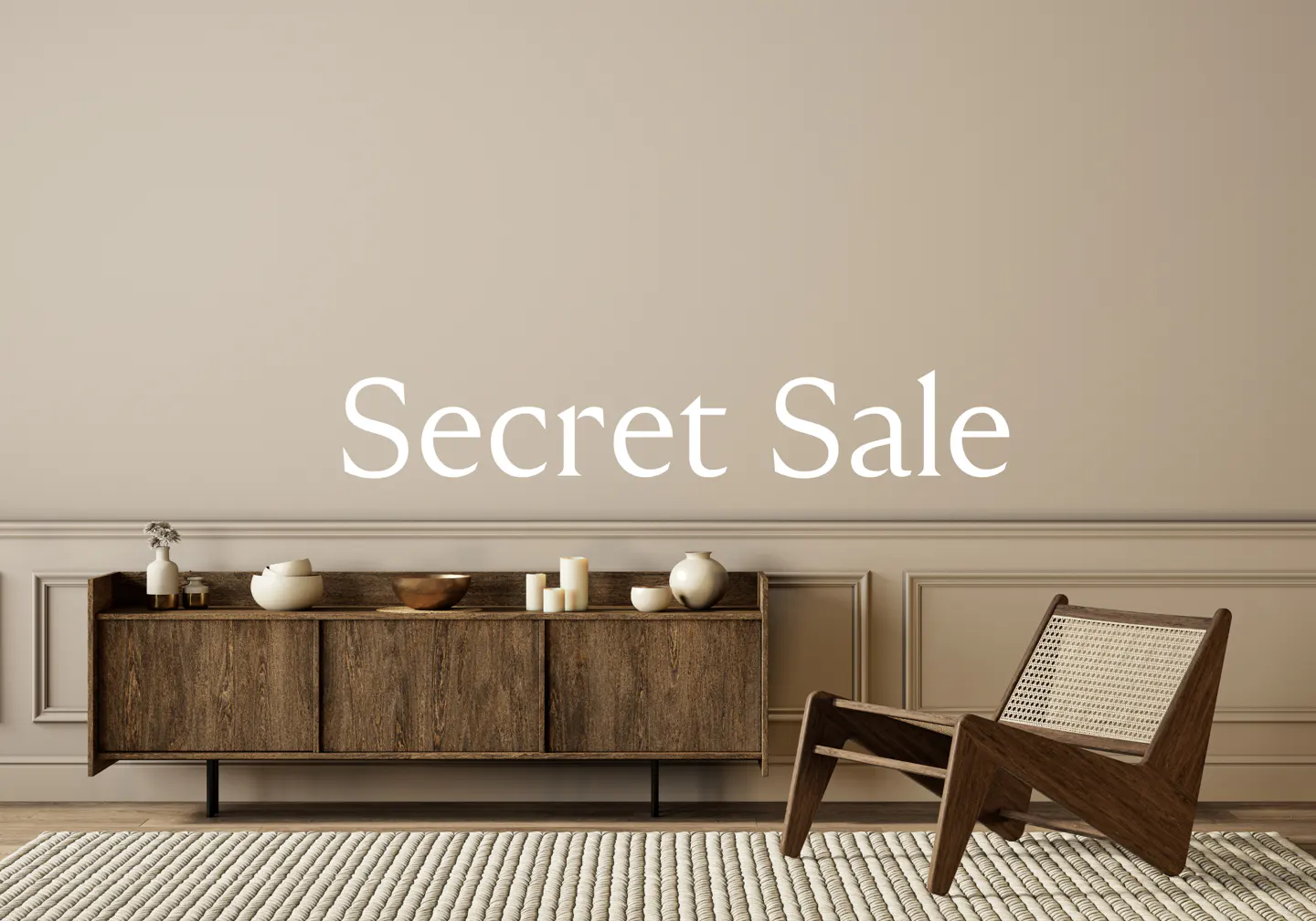 Interior with a wooden cabinet, chair, and decor against a beige wall. Text overlay reads "Secret Sale".