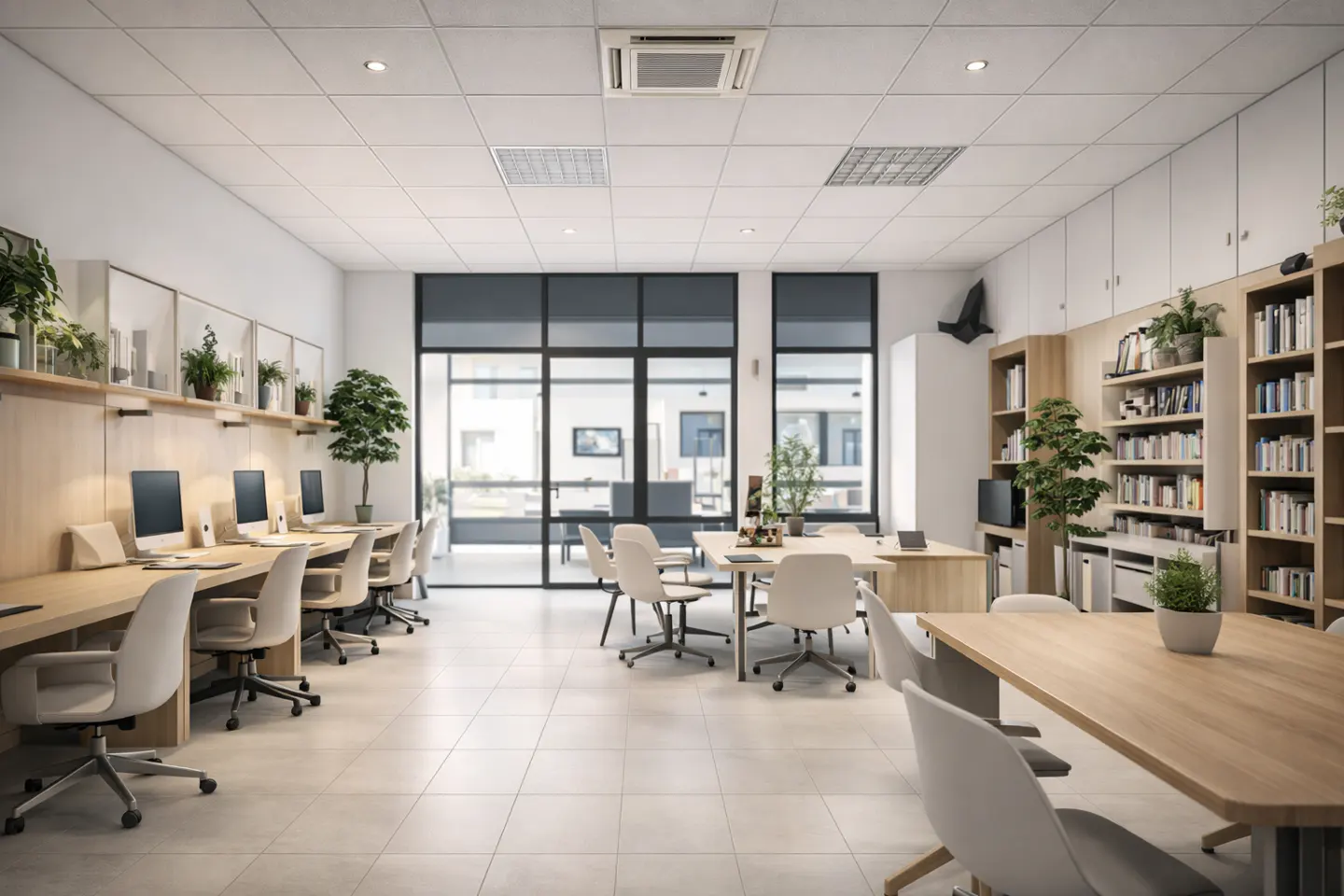 Bright, modern office space with desks, computers, white chairs, bookshelves, and large windows. Plants add a touch of nature.