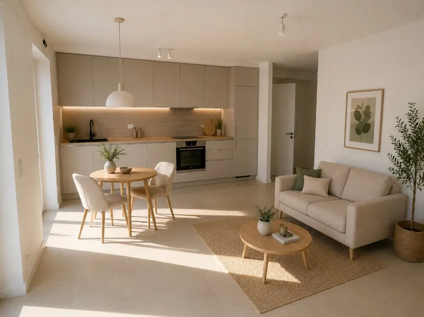 Bright, open-concept apartment with beige kitchen cabinets, round wood table with chairs, and a beige sofa on a jute rug.