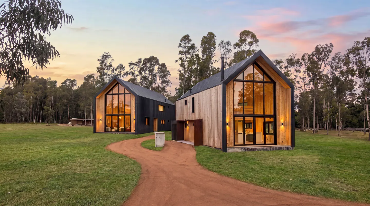 Two modern A-frame houses with wood and black metal siding sit on a grassy field at sunset, connected by a dirt path.