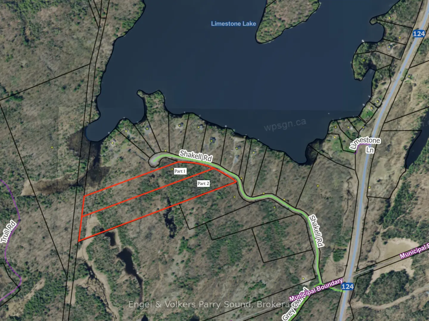 Aerial view of two adjacent land parcels outlined in red, near Limestone Lake and Shakell Road. Forested area with roads and water features.