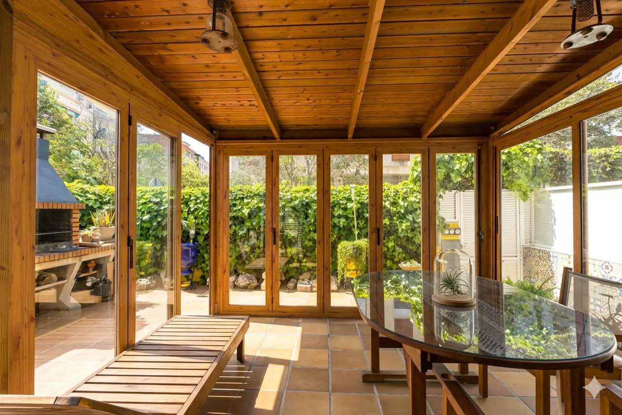 A sunroom with wood floors, walls, and ceiling, has a glass table and a wooden lounge chair. Outside is a brick grill and green foliage.