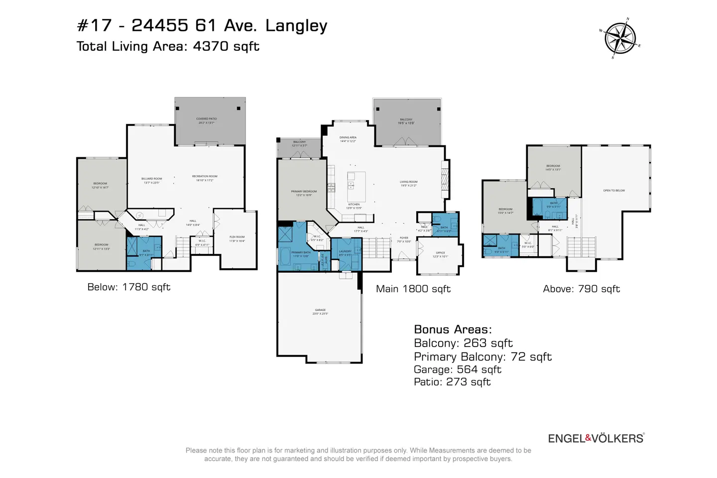 Floor plan for 24455 61 Ave, Langley, showing below, main, and above levels with a total living area of 4,370 sqft.