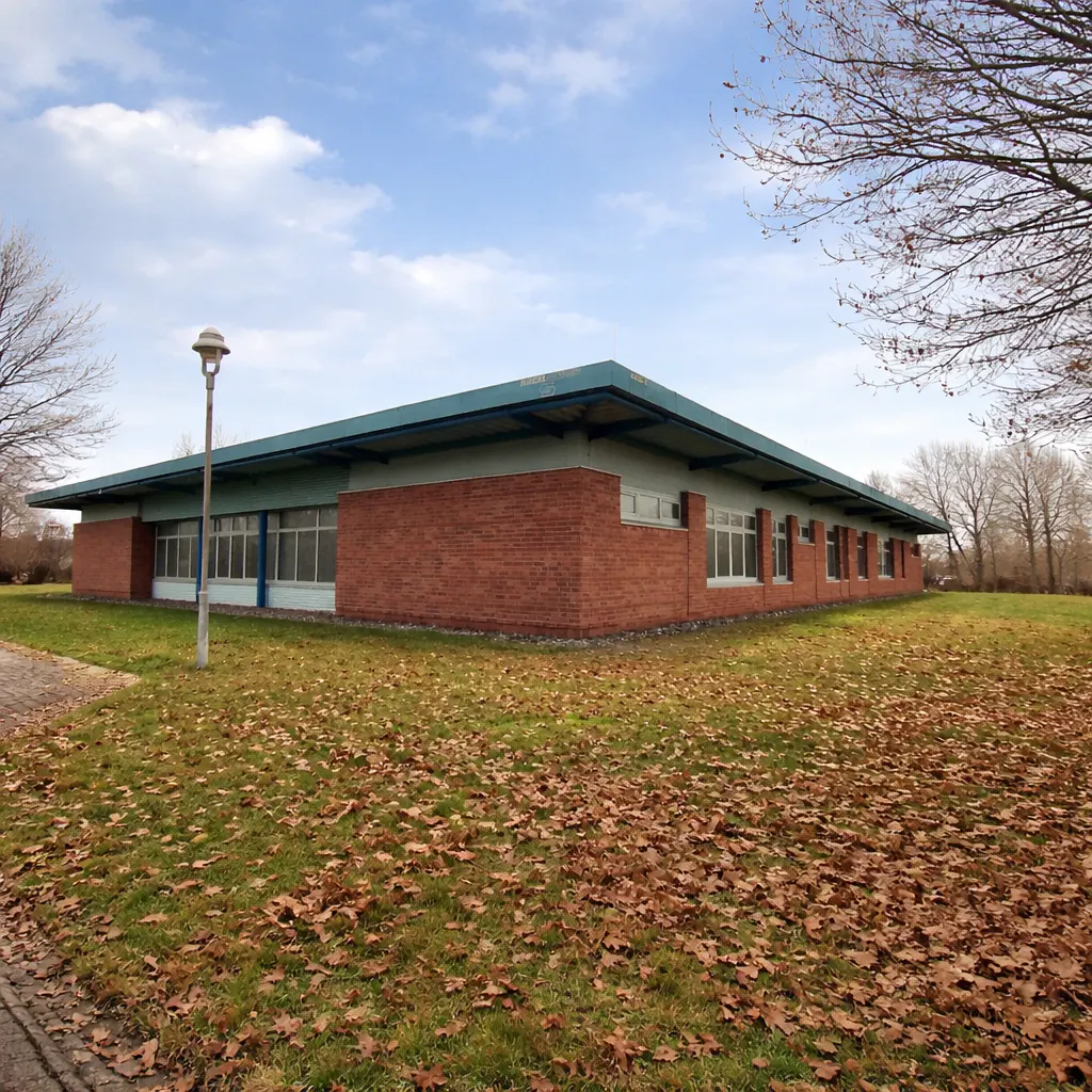 Exterior view of a one-story brick building with a flat, blue-trimmed roof and several windows, surrounded by a lawn covered in fallen leaves.