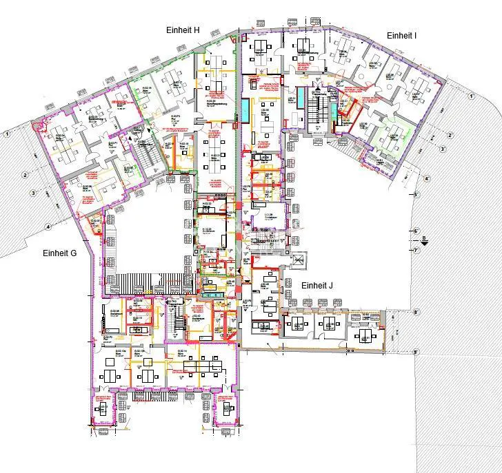 Floor plan of a building with multiple units labeled G, H, I, and J. The plan includes rooms, stairs, and furniture layouts.