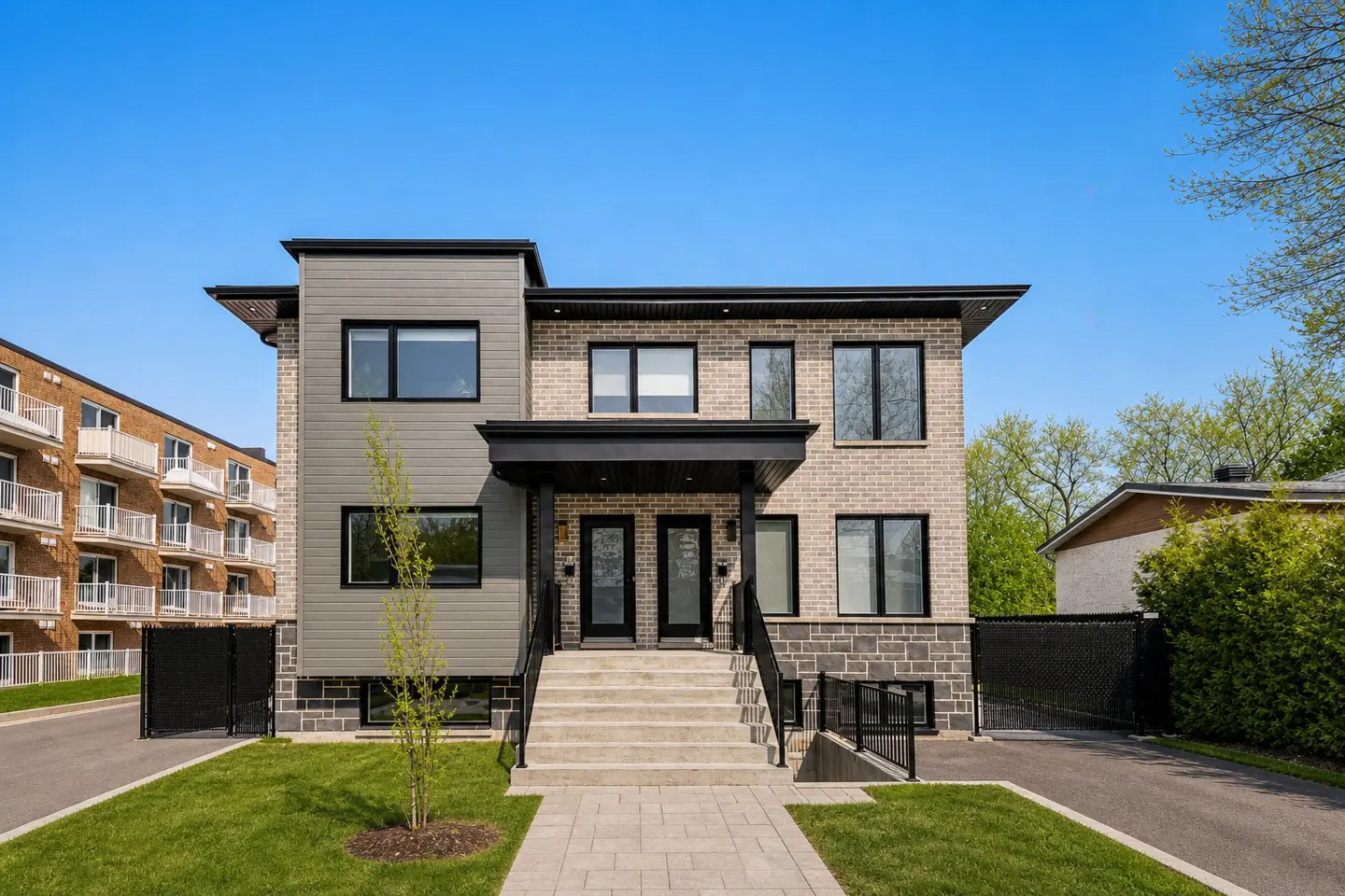 Modern duplex with gray siding and brick, black trim, and a shared entrance with steps. Green lawn and blue sky.