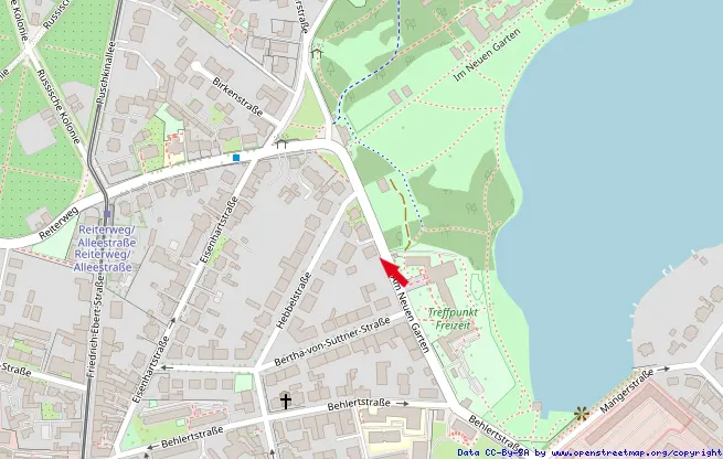 Map view of Potsdam, Germany, showing streets, parks, and a lake. A red arrow points towards "Am Neuen Garten."