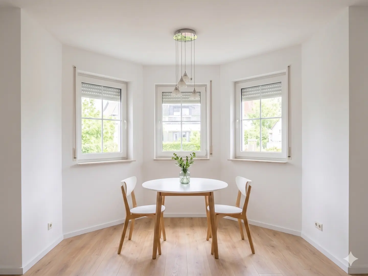 A bright dining nook with a round white table, two wooden chairs, a glass vase with greenery, and three pendant lights.