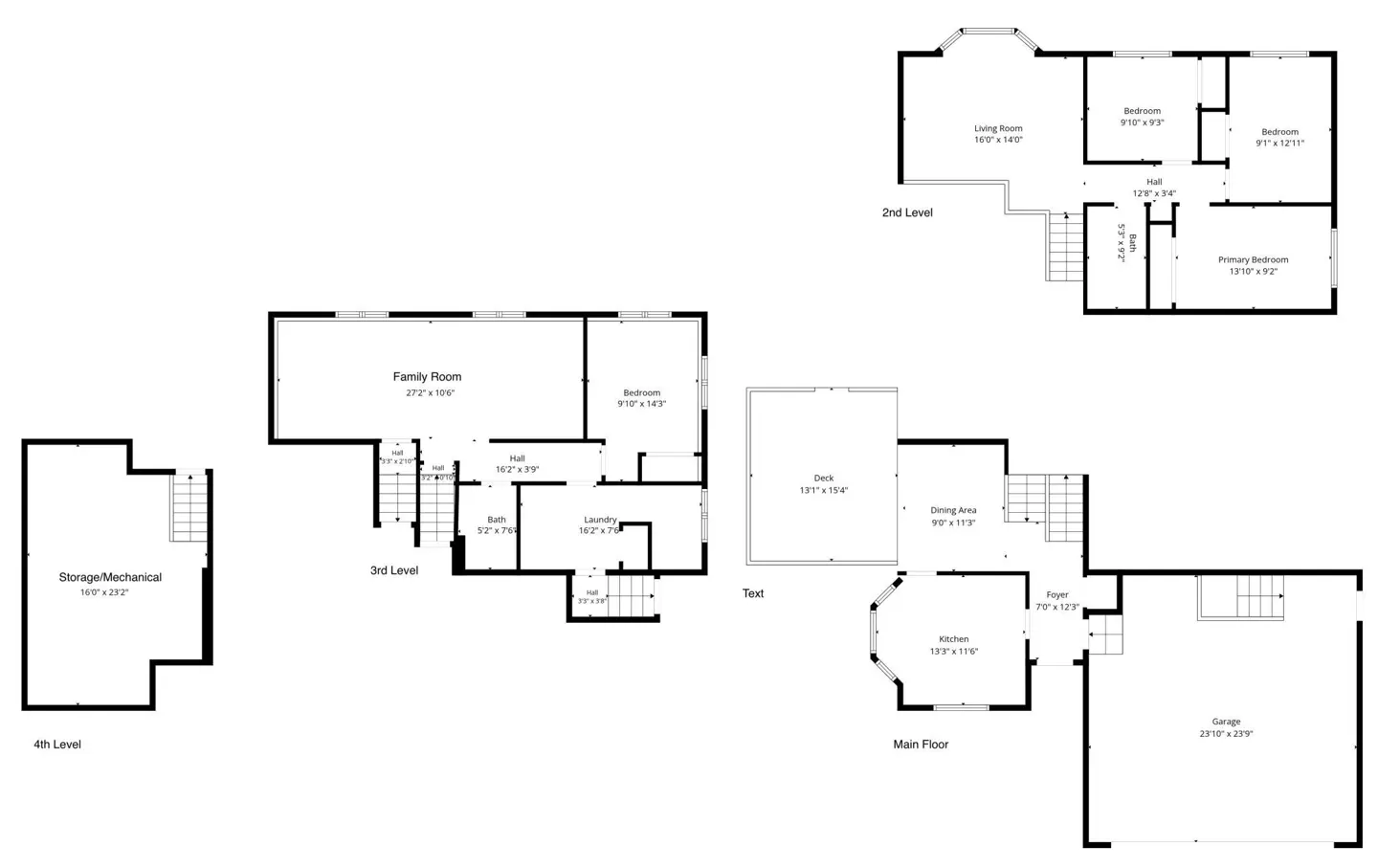 Floor plan of a multi-level house, including the 2nd, 3rd, 4th, and main floors, with room dimensions labeled.