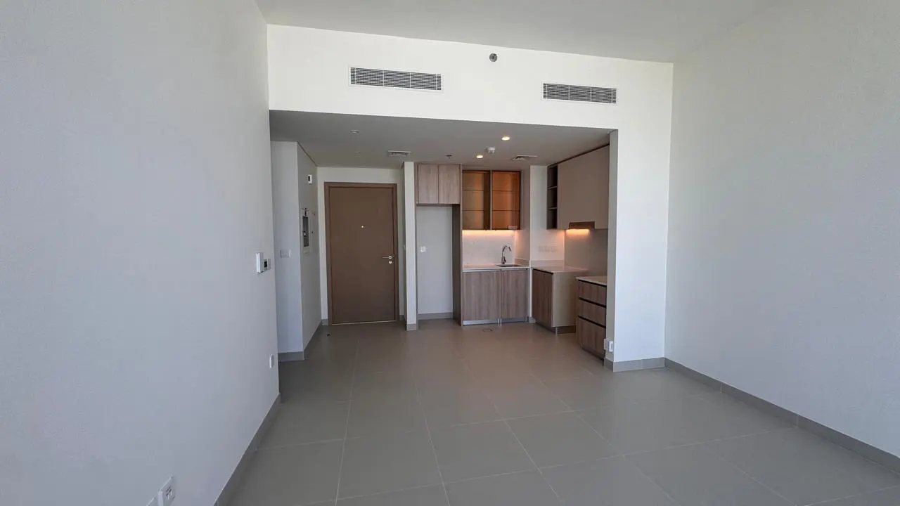 Modern studio apartment with light gray tile floors, white walls, a brown entry door, and a compact kitchen with wood cabinets.