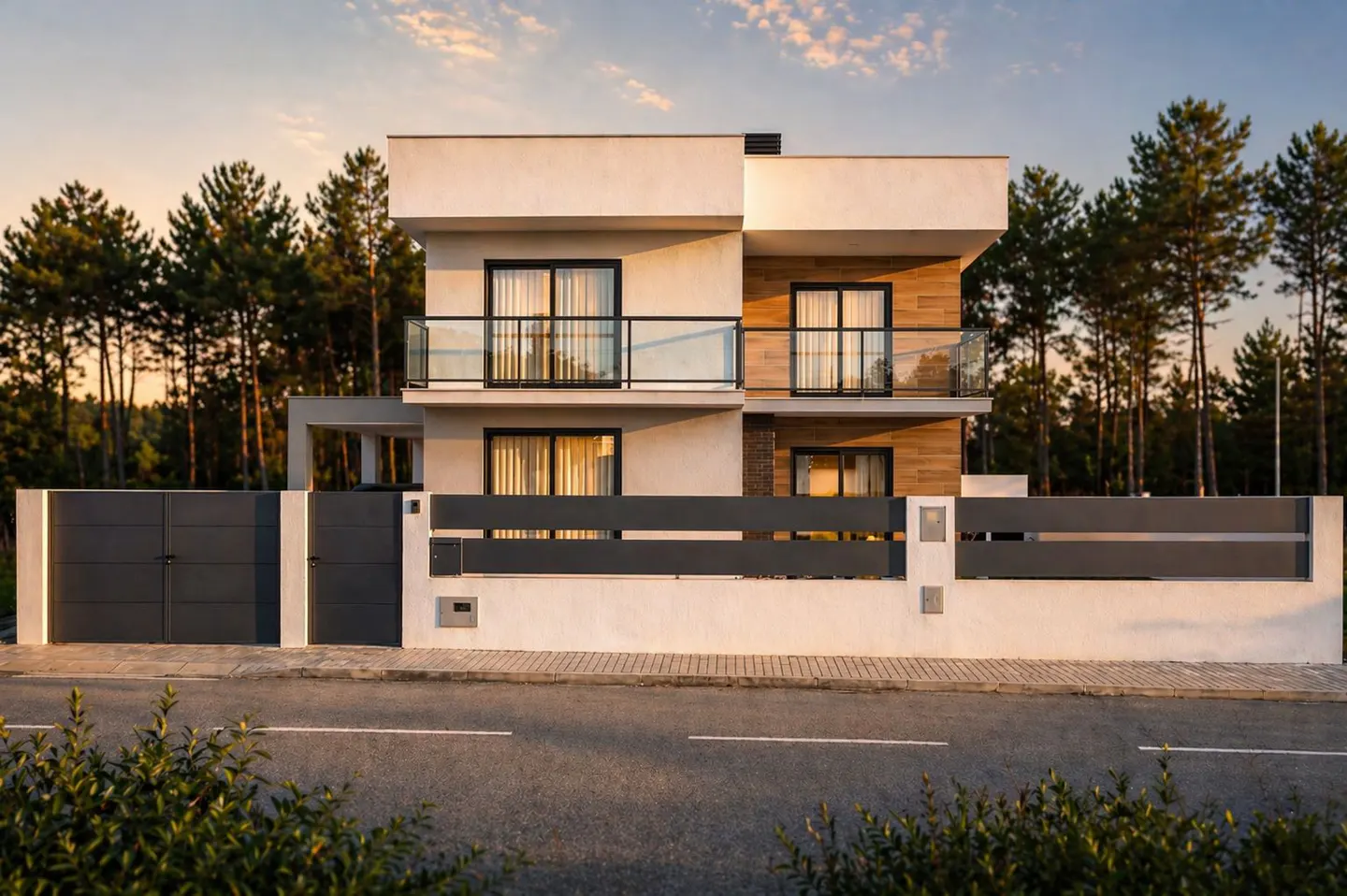 Two-story modern house with a gray gate and fence, set against a backdrop of tall trees and a sunset sky.