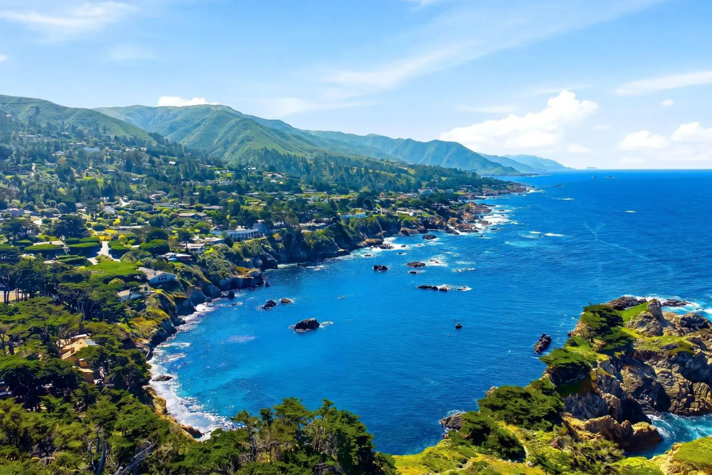 Coastal view of blue ocean meeting green hills with houses under a clear blue sky.