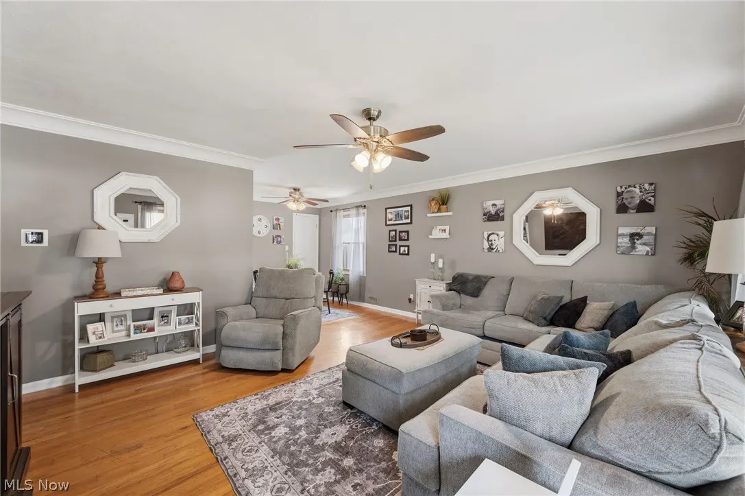 Living room with gray walls, hardwood floors, and a large gray sectional sofa with blue pillows. A ceiling fan and area rug are also visible.