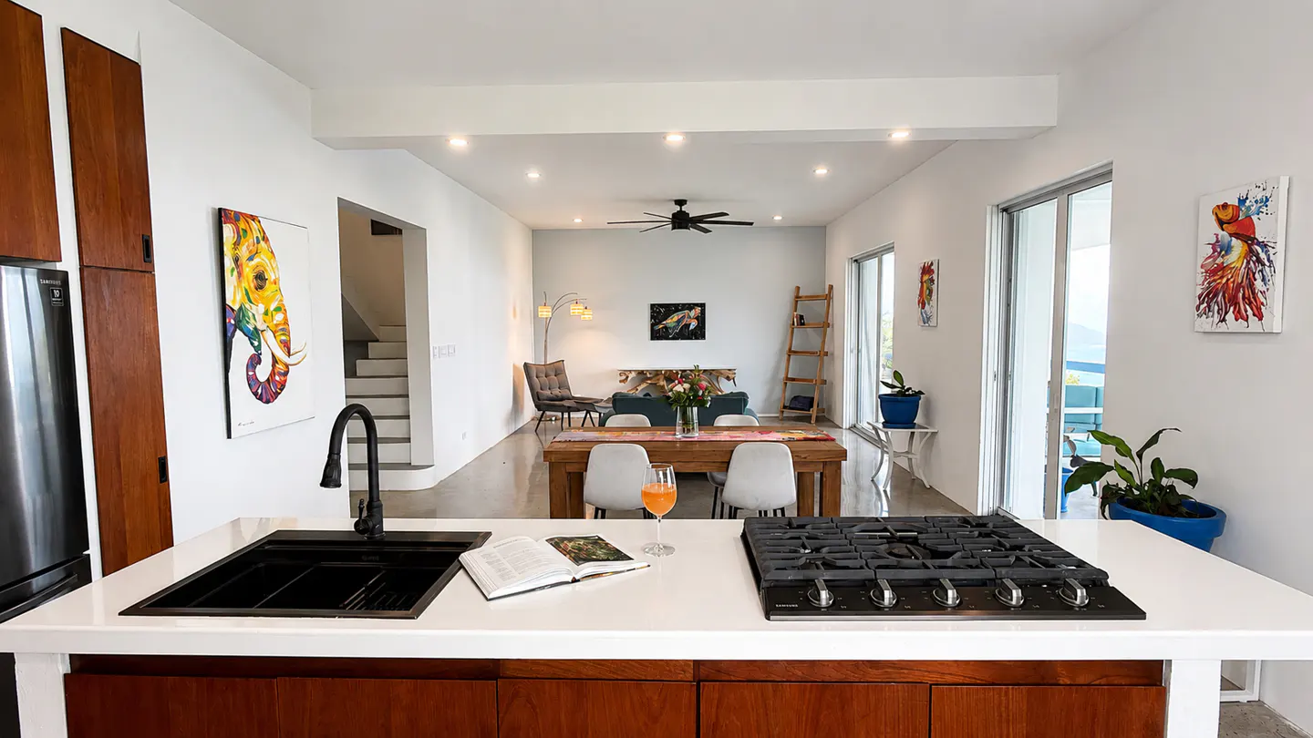 Open-concept home interior with white walls, wood cabinets, and colorful art. A kitchen island features a black sink and gas stove.