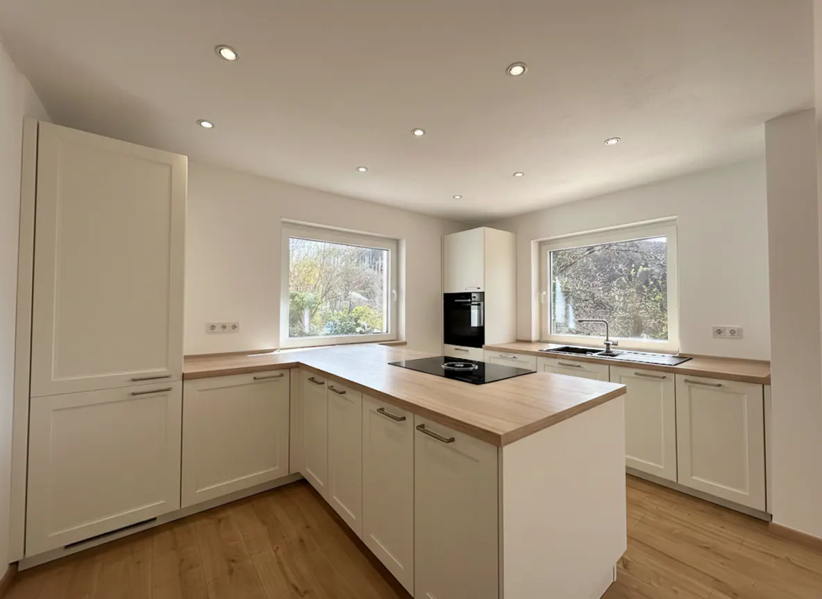 Bright kitchen with white cabinets, wood countertops, and island. Two windows offer natural light. Recessed lighting illuminates the space.