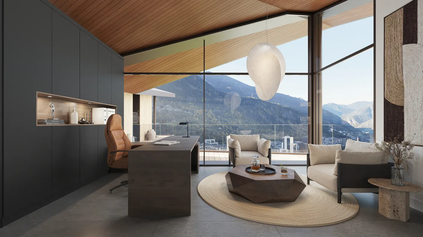 A modern office with a desk, brown leather chair, and seating area with a mountain view.