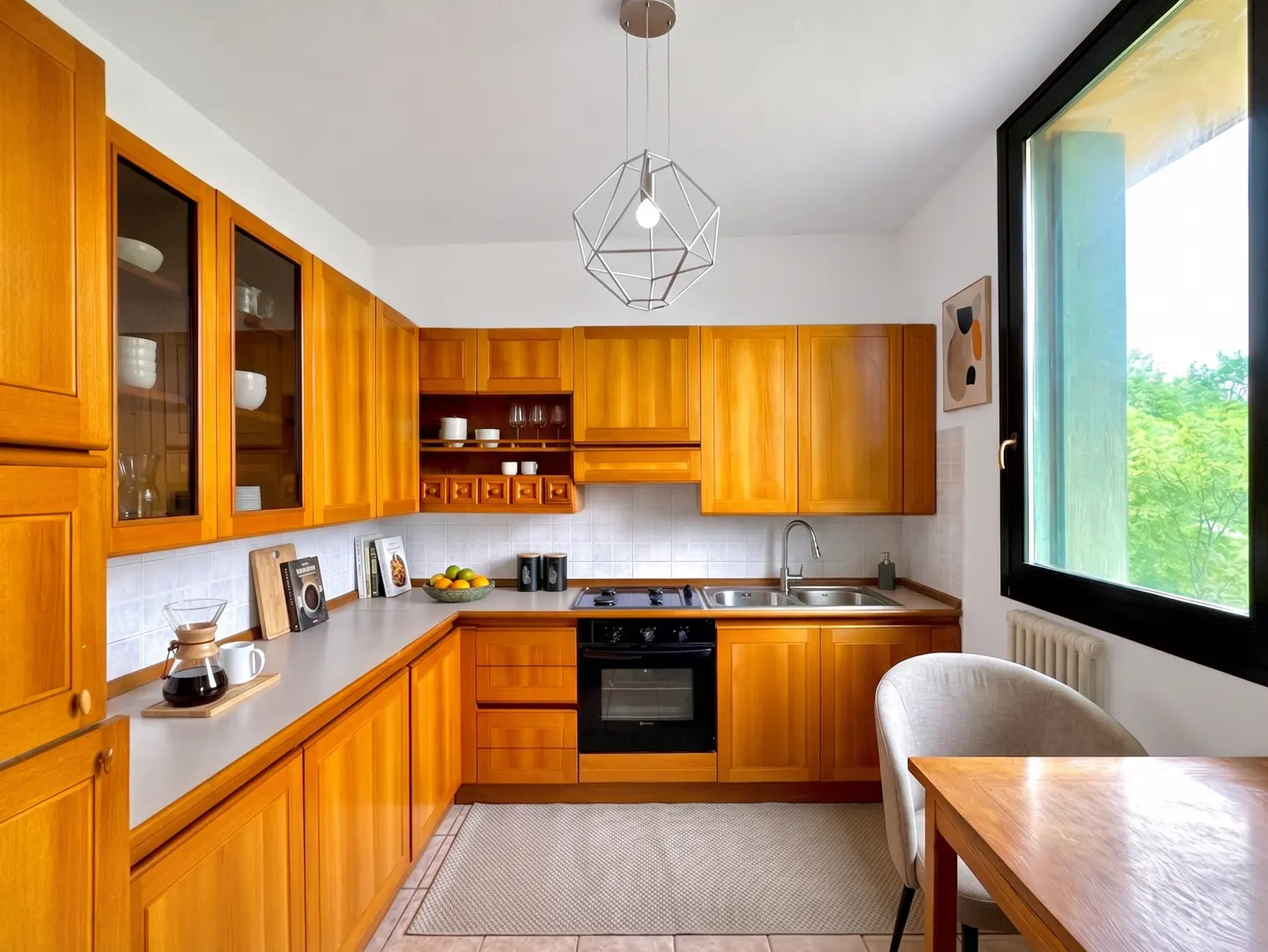 Bright kitchen with wood cabinets, black oven, and geometric light fixture. A table and chair are visible near a large window.
