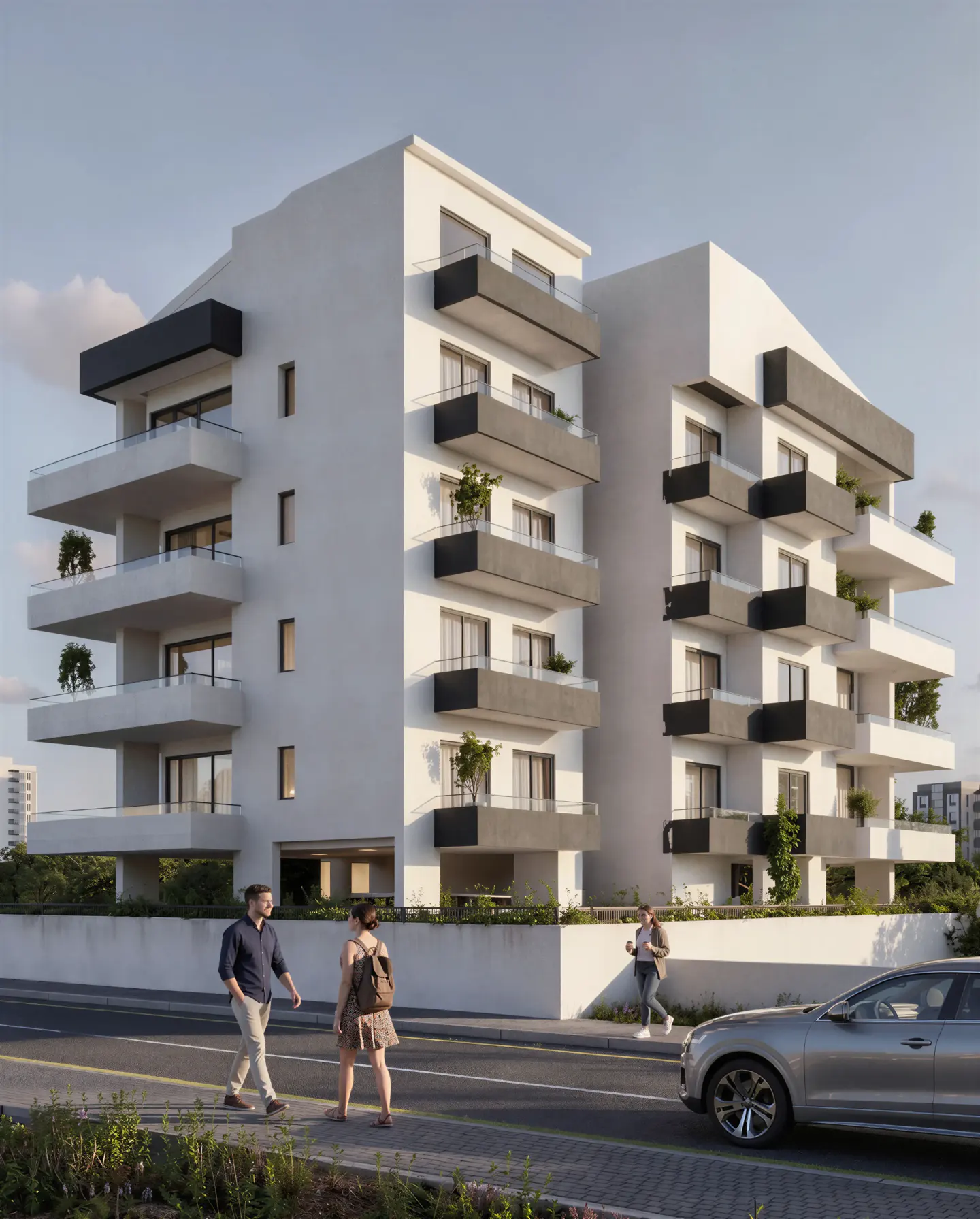 Modern white apartment building with black balconies. People walk on the sidewalk, and a silver car drives by.
