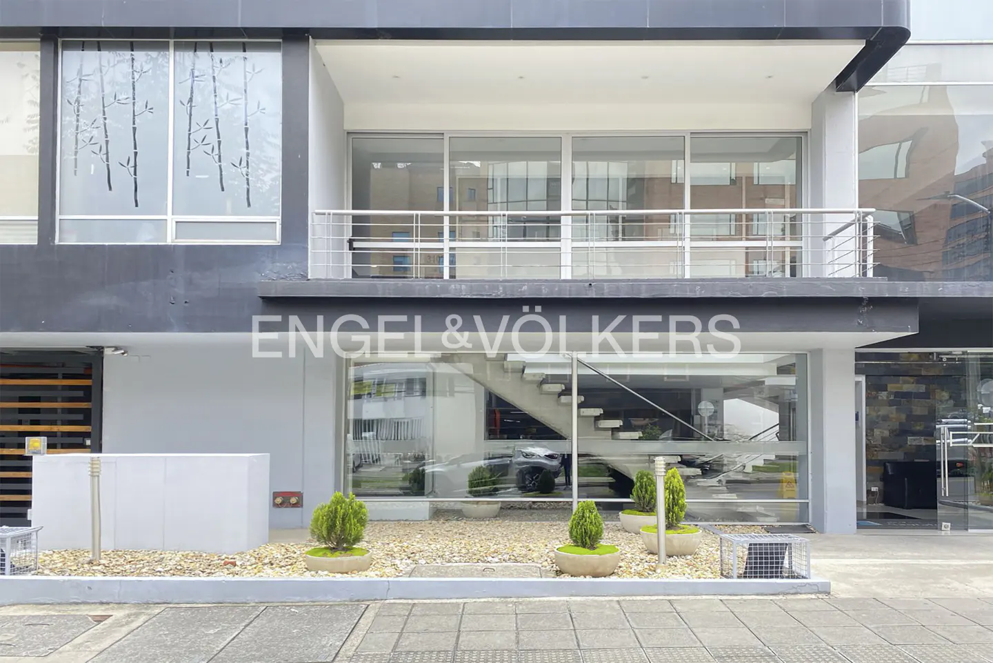 Exterior of Engel & Völkers real estate office with gray facade, large windows, and landscaping. A staircase is visible through the glass.
