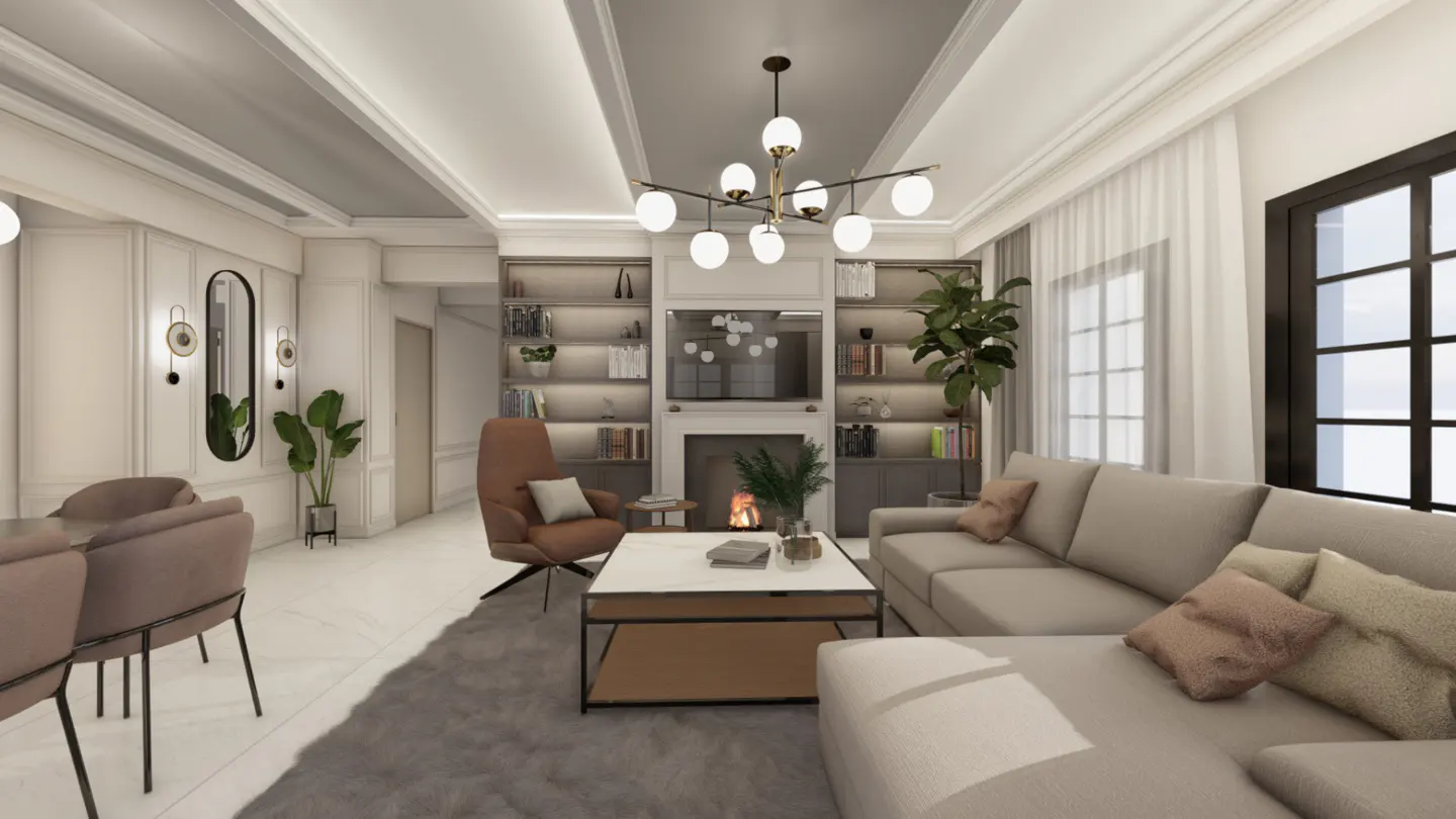 A modern living room with a gray sofa, brown chair, white coffee table, and a fireplace with bookshelves.