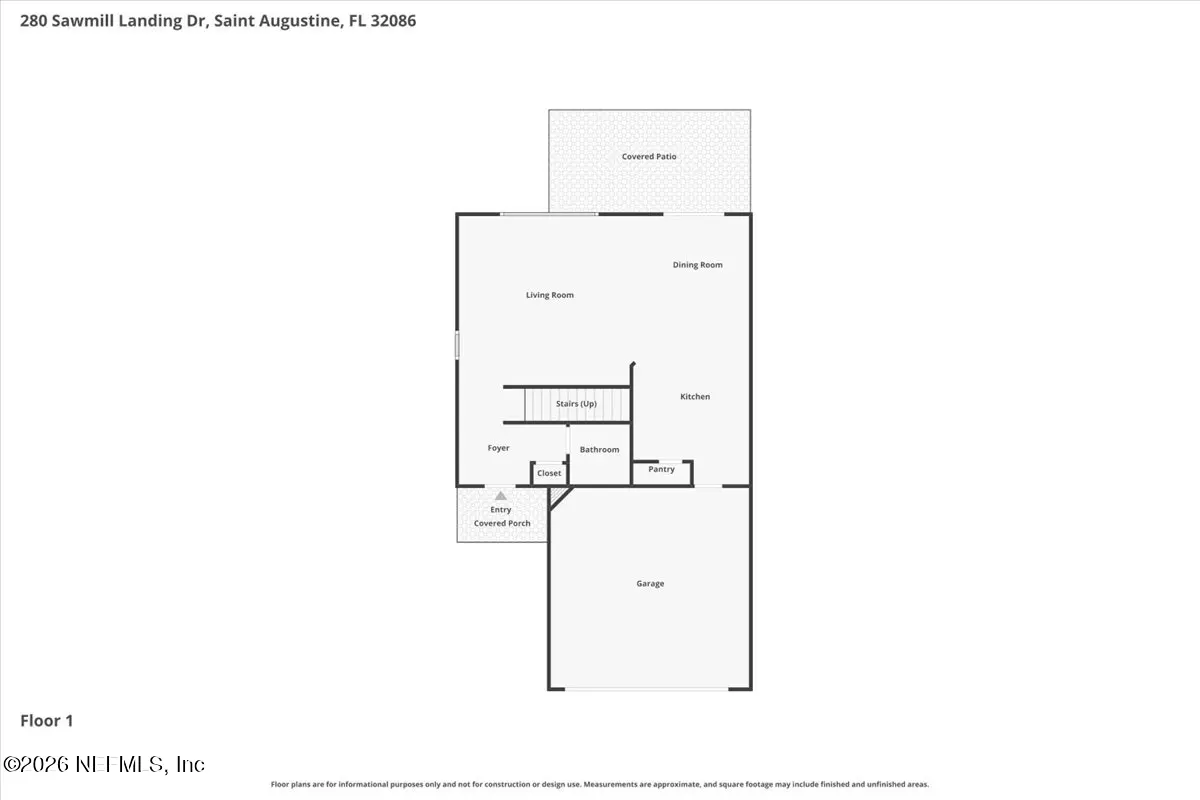Floor plan for 280 Sawmill Landing Dr, showing a first-floor layout with a garage, kitchen, living room, and patio.