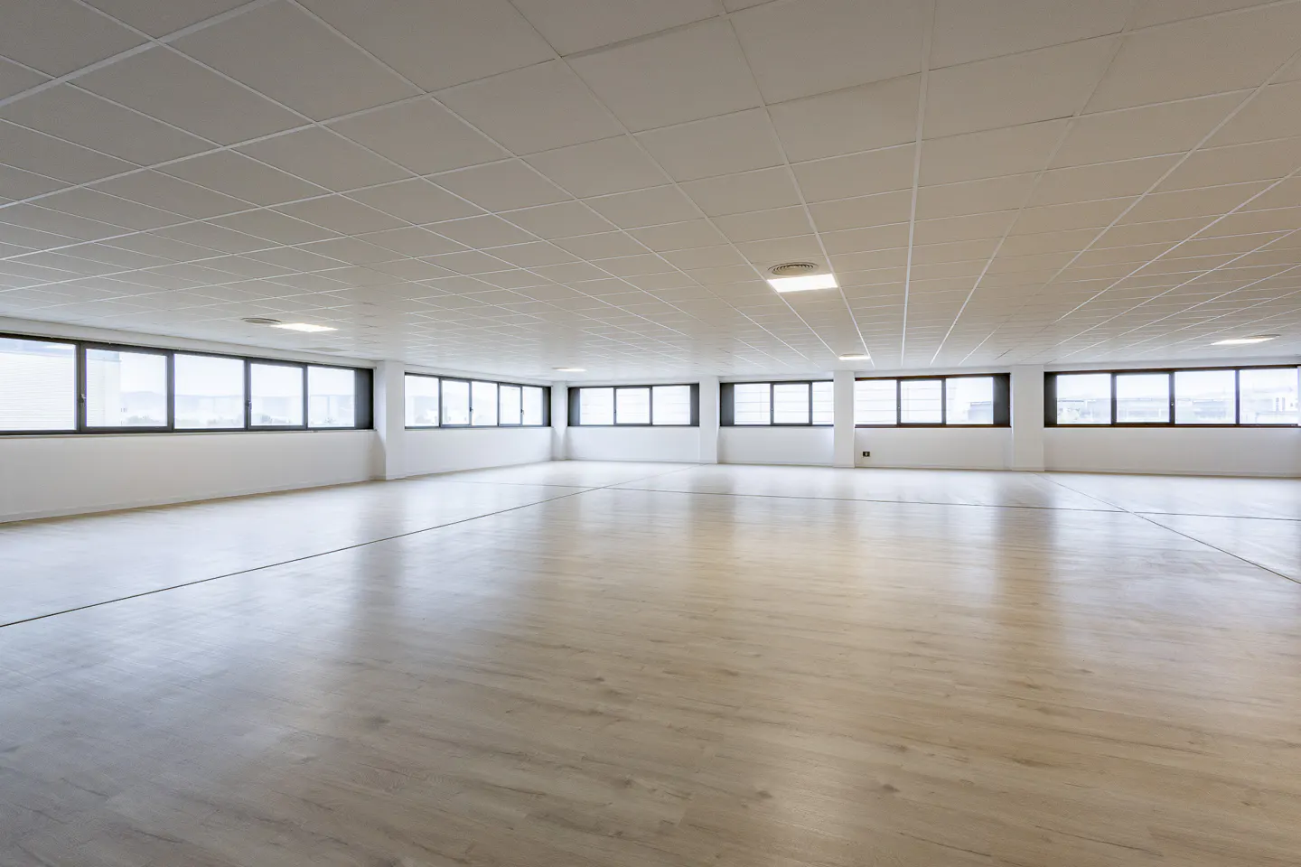 Bright, empty room with light wood floors, white walls, and a grid ceiling. Windows line the walls, letting in natural light.