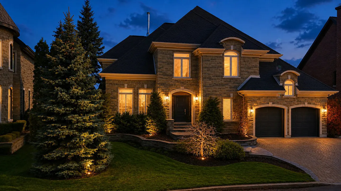 A two-story stone house with a black roof at dusk. Lights are on inside and outside, illuminating the lawn and driveway.