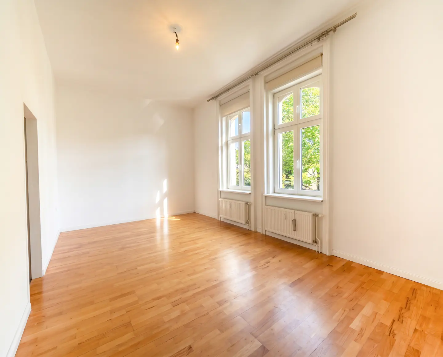 Bright, empty room with hardwood floors, white walls, and two large windows with white frames and radiators below.