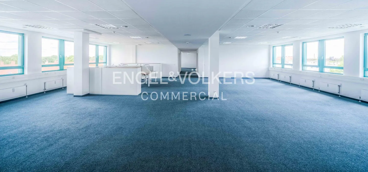 Bright, empty office space with blue carpet, white walls, and large windows. Cubicles are visible in the background.