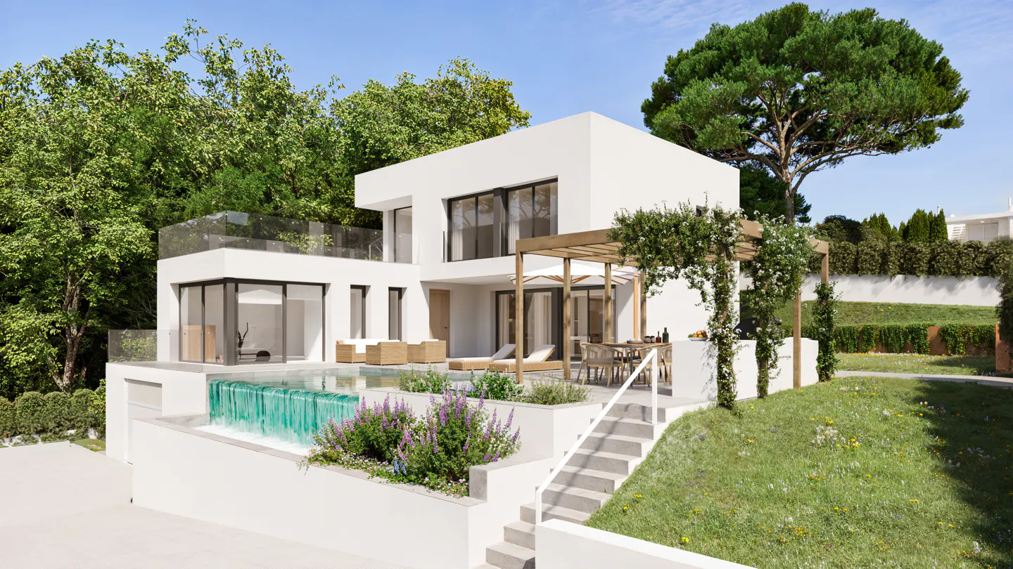 Modern white two-story villa with an infinity pool, patio furniture, wooden pergola, and lush garden on a sunny day.