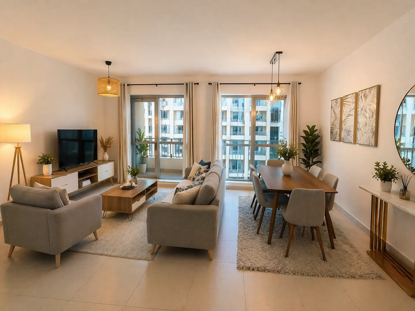 Bright, modern apartment living and dining area with gray sofa, wood table, and city views.