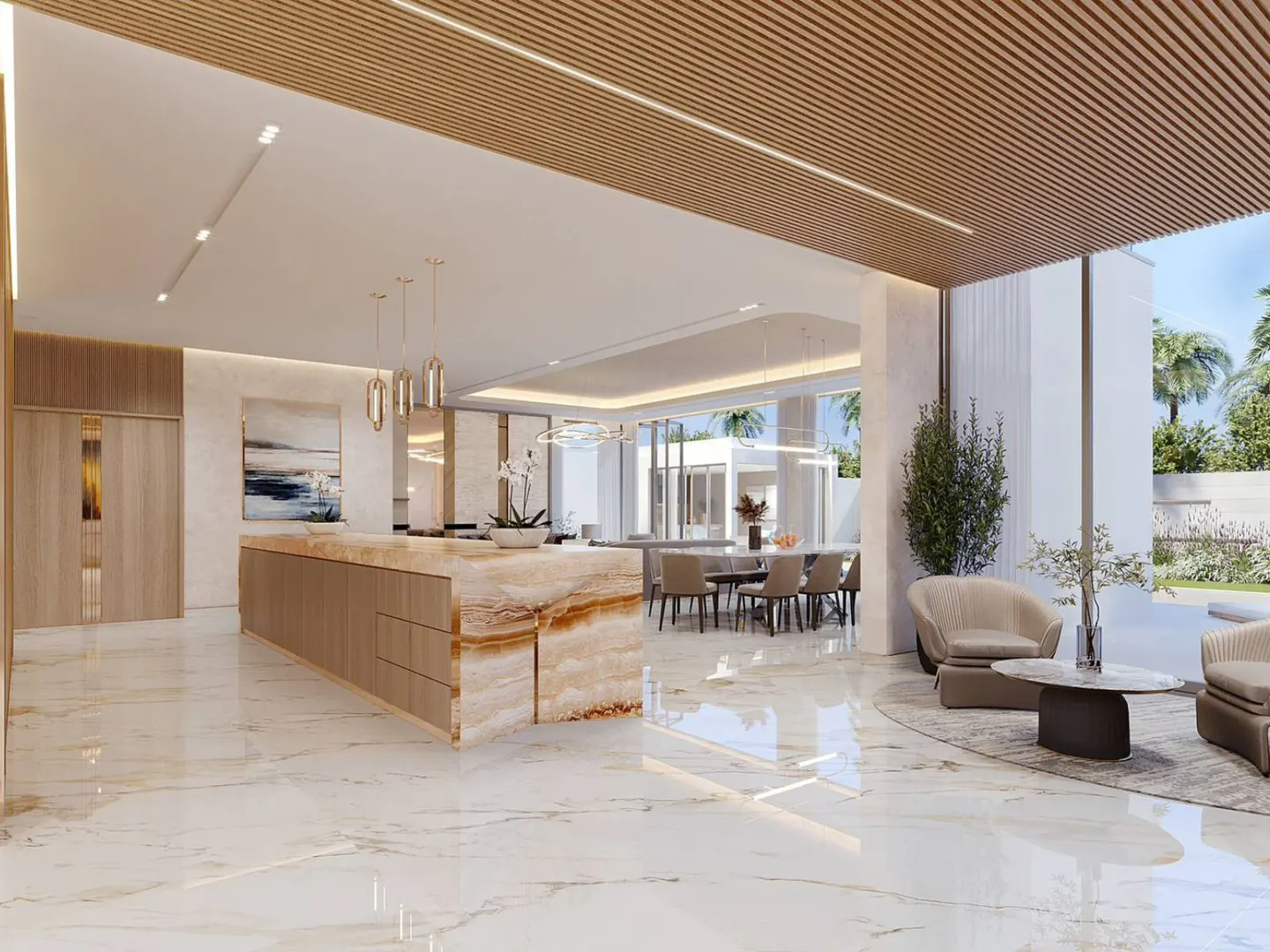 Open-concept living space with marble floors, a kitchen island, dining table, and seating area. Light wood ceiling and outdoor view.