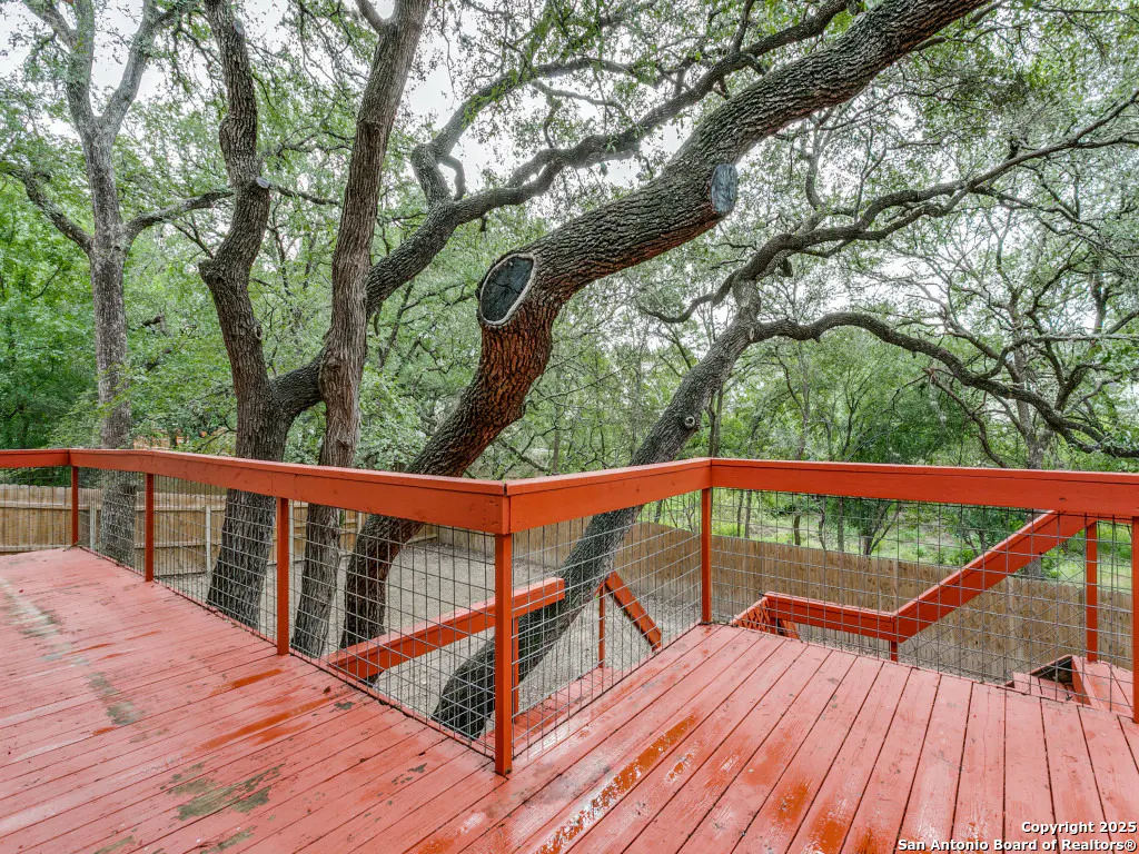 Red wooden deck with orange railing. A large tree grows through the deck. Green trees and a wooden fence are in the background.