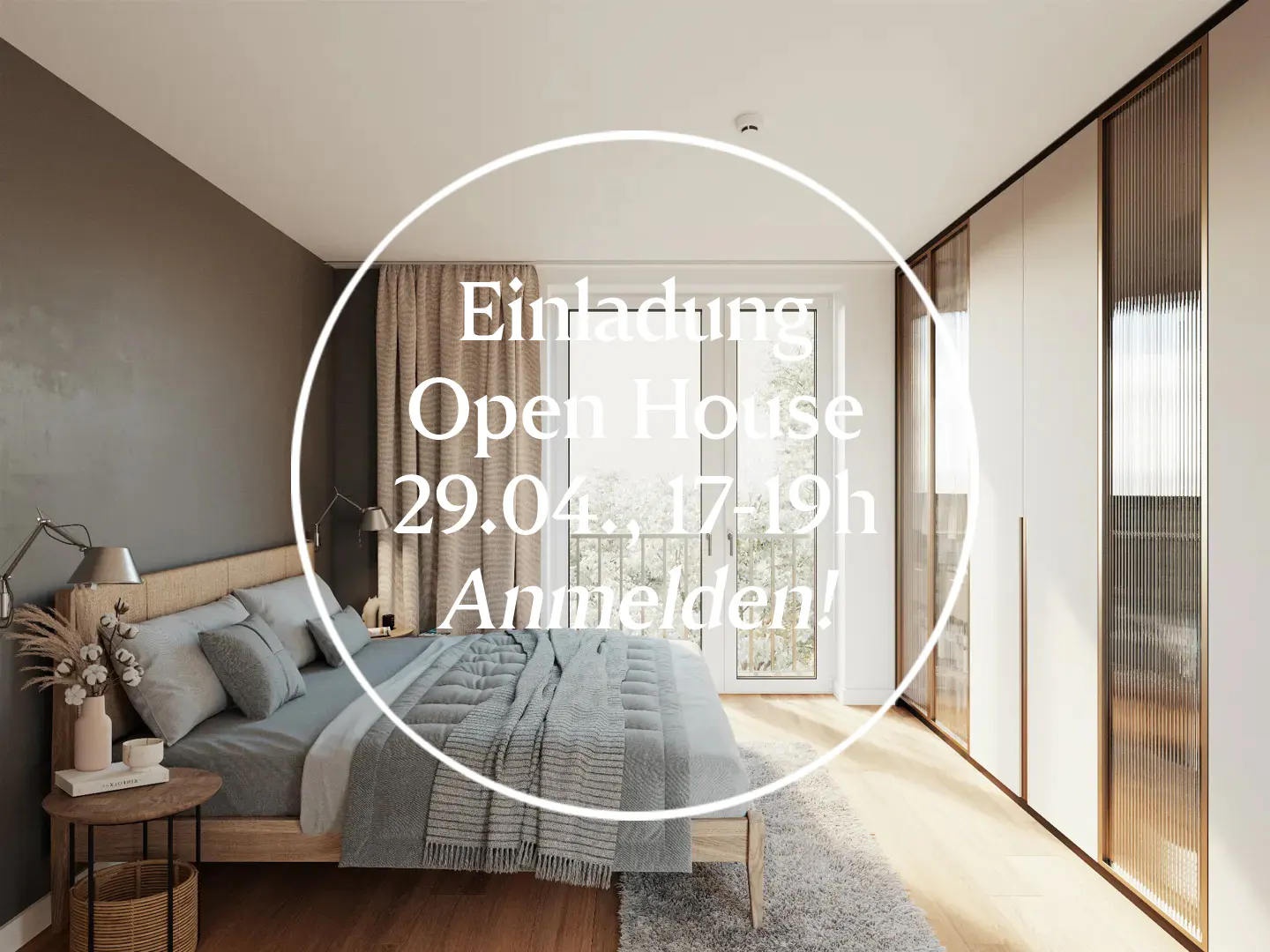 Bedroom with a bed, side table, and closet. Text overlay invites to an open house on April 29th, 5-7pm.