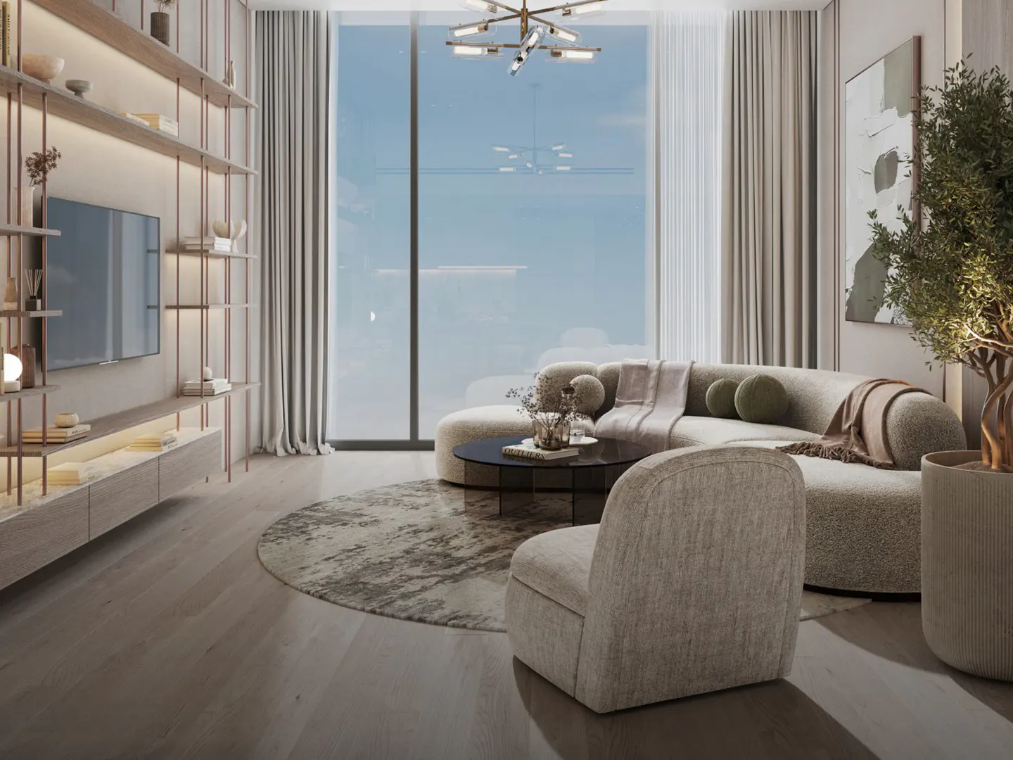 Modern living room with a curved sofa, chair, and a large window with a view. A TV and shelves are on the left wall.