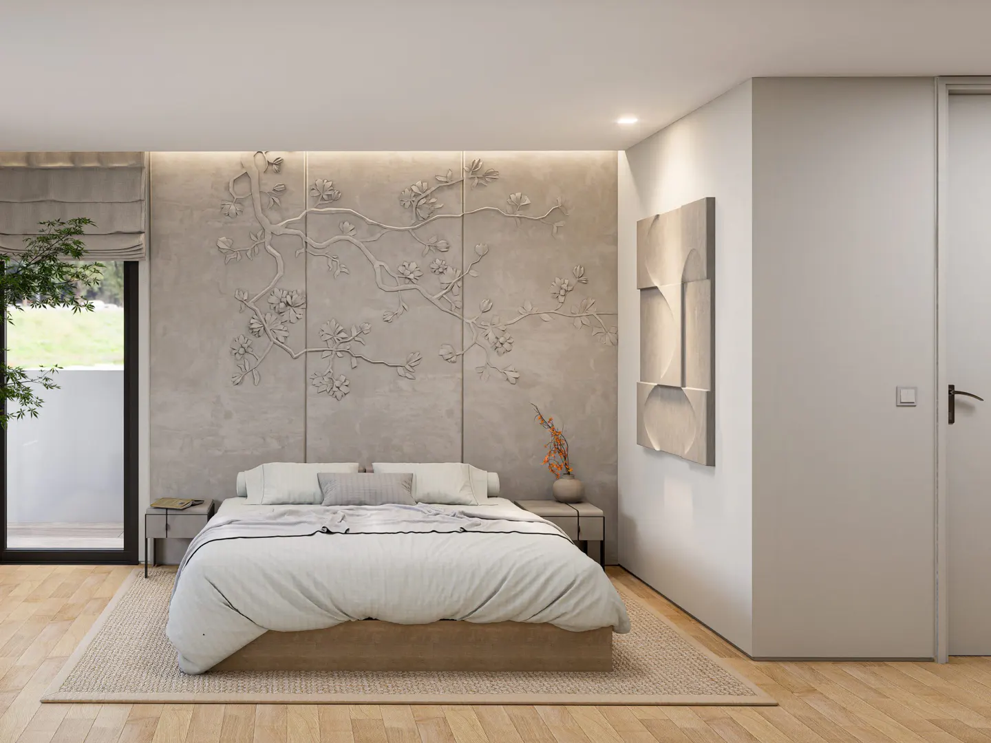 Bedroom with a queen bed, light gray bedding, and a textured wall with a floral design. A door and a window are visible.
