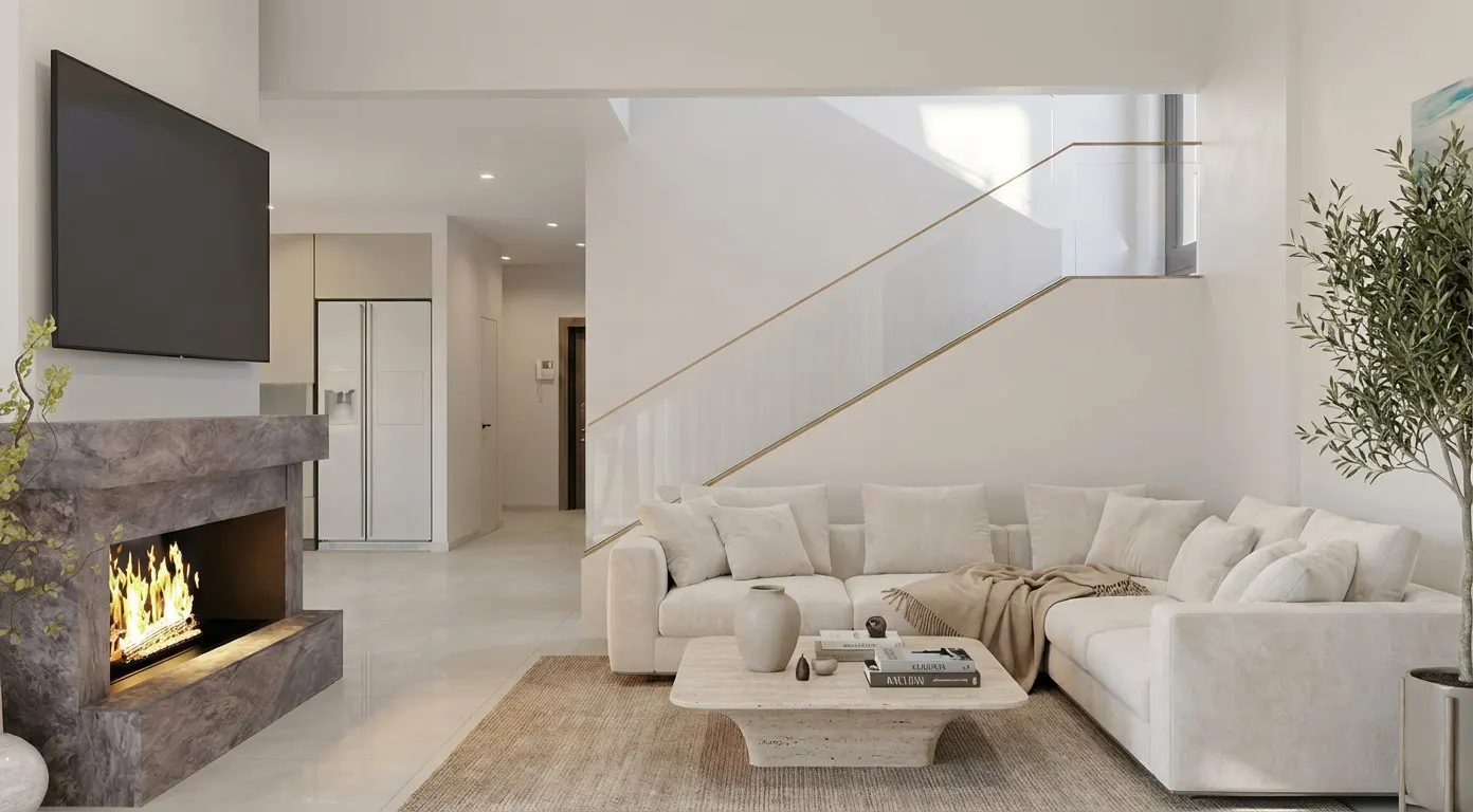 Bright living room with a white sectional sofa, stone coffee table, and fireplace with a TV above. A staircase is visible in the background.