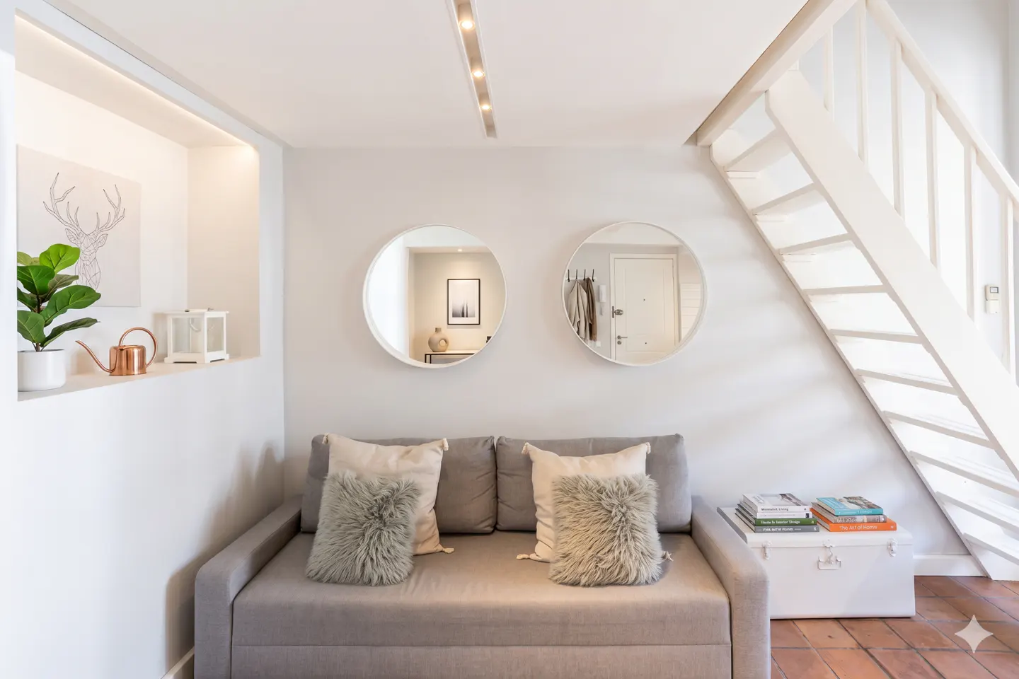 Cozy living room with a gray sofa, two round mirrors, and white stairs. A plant and decor sit in a wall niche.