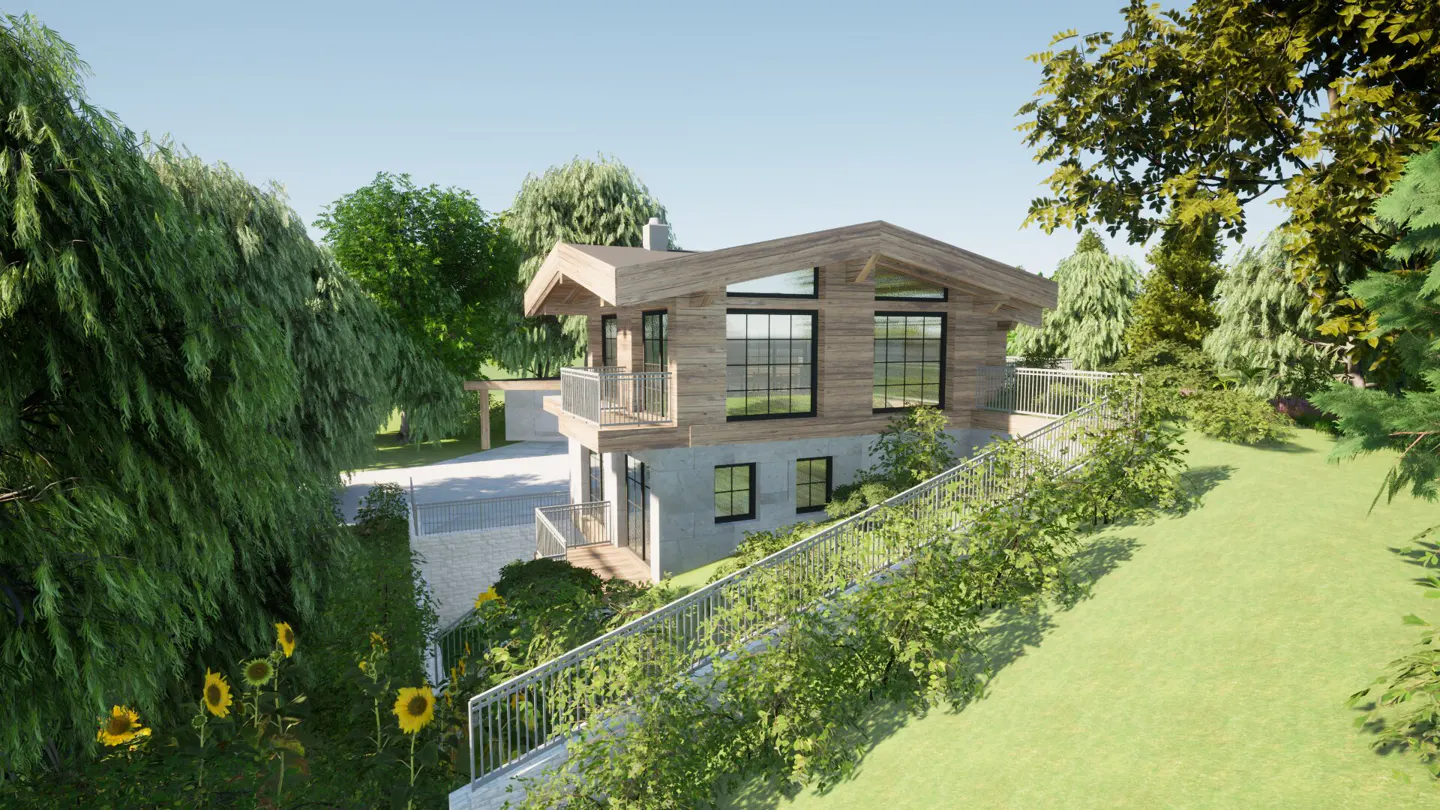 Two-story house with wood siding and large windows, nestled on a grassy hill with trees and sunflowers.