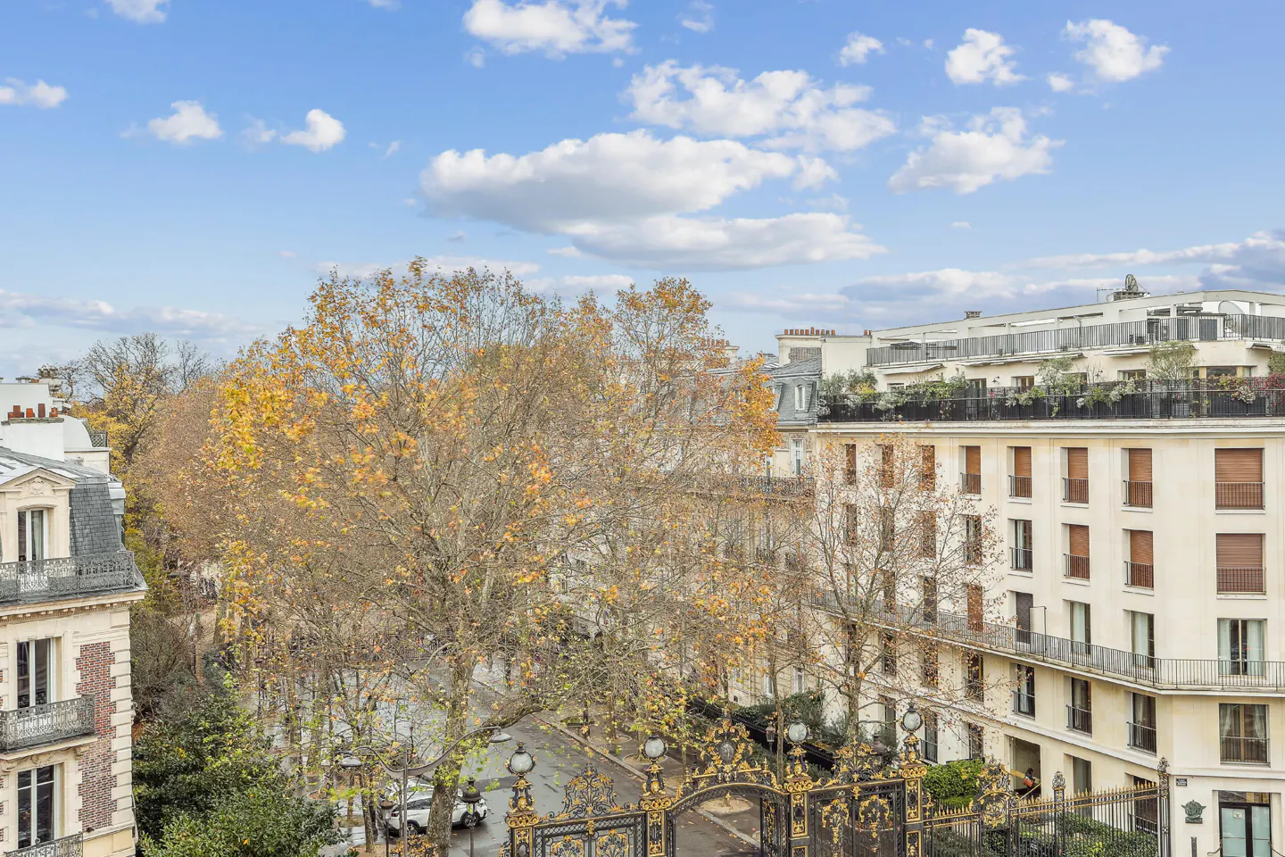 Parisian cityscape view with cream buildings, trees with yellow leaves, and an ornate black and gold gate under a blue, cloudy sky.