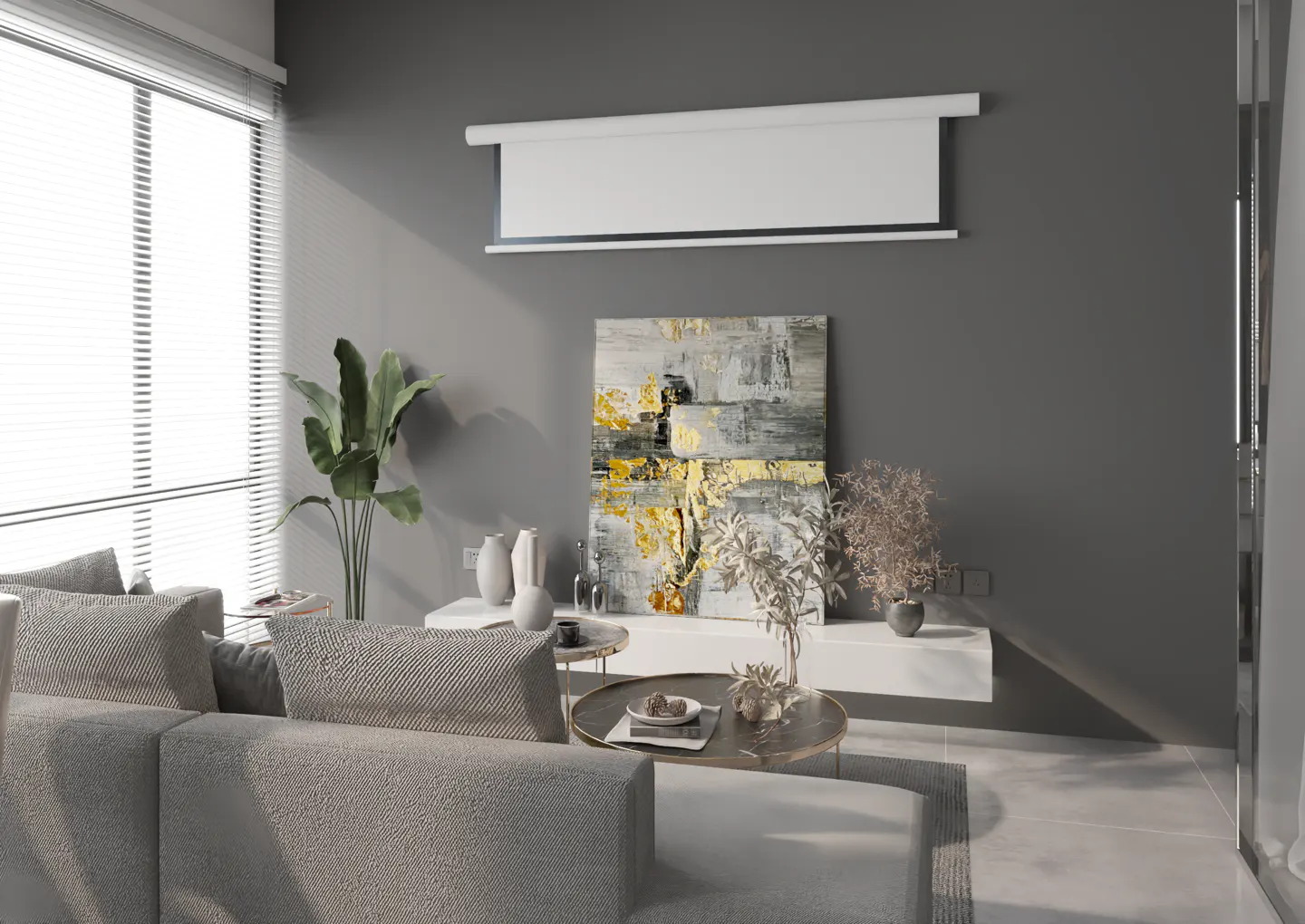 Living room with gray walls, a large window with blinds, and a gray sofa. An abstract painting hangs above a white console table.